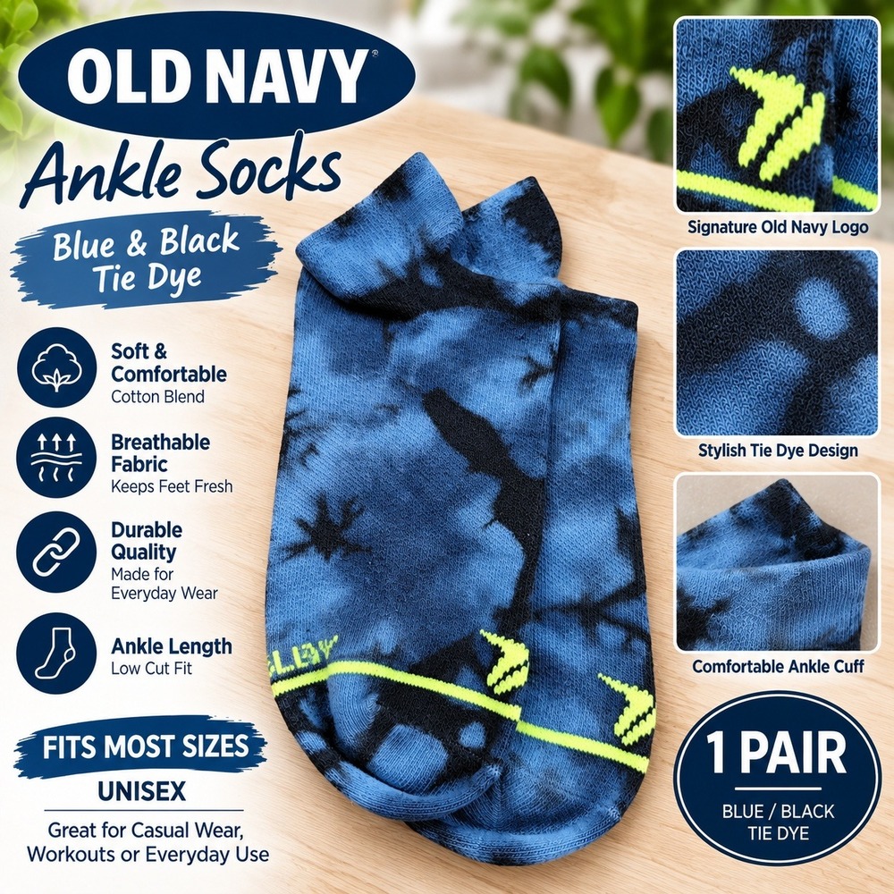 Old Navy Ankle Socks Blue Black Tie Dye Unisex Low Cut Cotton Blend 1 Pair